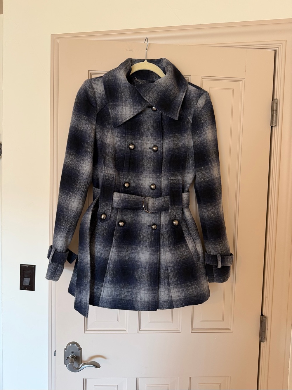 Wool Navy and Gray Plaid Double-Breasted Trench Coat